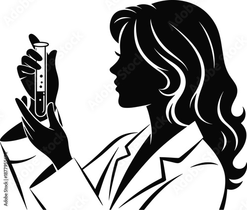 Female Scientist Silhouette Examining Test Tube in Laboratory Setting Medical Professional Conducting Experiment in Research Lab for Pharmaceutical Industry Healthcare Innovation Scientific Discovery