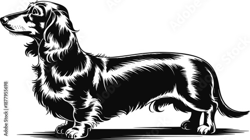 Elegant dachshund dog standing attentively detailed black and white vector illustration domestic pet animal with long body and short legs calm posture for veterinary clinic branding custom dog breed a