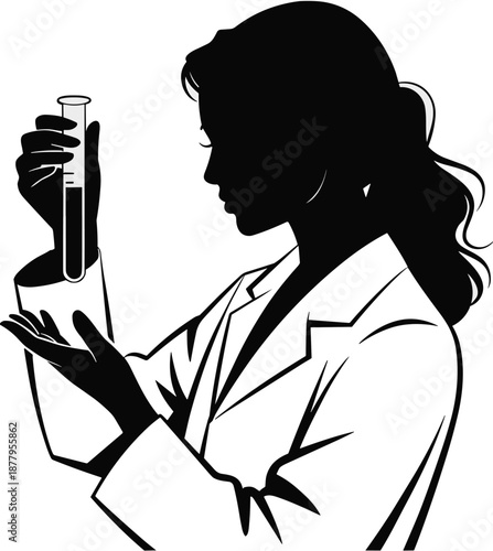 Silhouette of female scientist analyzing liquid sample in test tube in laboratory research and development for medical science educational presentation pharmaceutical industry healthcare innovation an