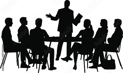 Business meeting silhouette of diverse professional team in modern conference room presentation with executive leader giving speech for corporate strategy discussion business teamwork and communicatio