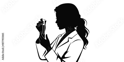 Silhouette of female scientist analyzing sample in test tube medical research in laboratory setting for pharmaceutical industry vaccine discovery healthcare innovation science and chemical engineering