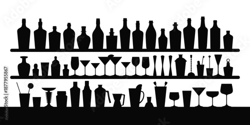 Elegant black and white bar shelf silhouette illustration featuring assorted liquor bottles cocktail glasses and barware tools for beverage industry advertisements restaurant promotions bar designs an