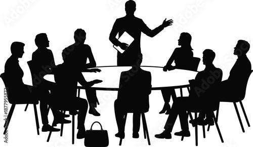 Silhouetted businesspeople in boardroom meeting discussing project strategies around conference table with leader presenting ideas for corporate teamwork collaboration in modern office workspace for f