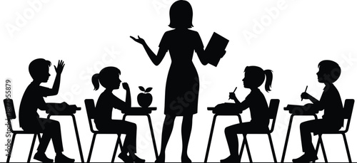Silhouette of teacher teaching diverse elementary school students in classroom setting black and white illustration conceptual education learning knowledge studying teaching training for educational c