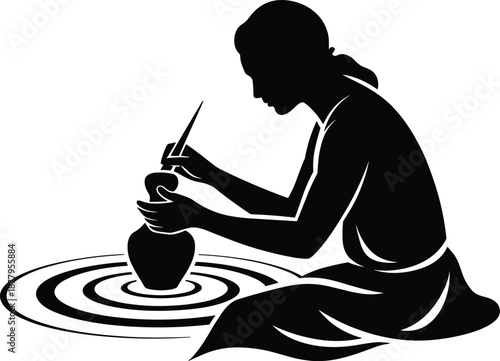 Craftswoman sculpts pottery vase on wheel silhouette art artisan shaping clay with tool creative expression artistic skill handmade ceramics workshop pottery studio traditional craft cultural heritage