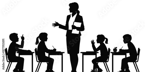 Dedicated teacher silhouette instructing diverse students in classroom setting for education system illustration and back to school concept showing learning environment for children and teaching profe