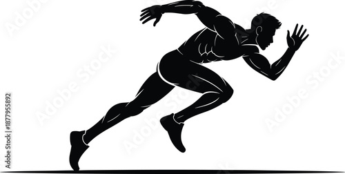Athletic male runner sprinting in silhouette illustration for fitness training and competitive sport black and white vector drawing depicting speed strength and determination for gym workout motivatio