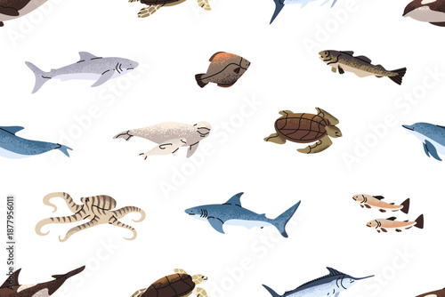 Repeatable pattern of sea life: sharks, whales, different fish, turtles and octopus. Endless background of underwater animals swimming in the ocean. Undersea fauna. Flat seamless vector illustration.