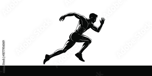 Dynamic athletic man sprinting forward with powerful stride in minimalist black and white illustration for sports fitness training wellness competition motion speed and healthy lifestyle graphic desig
