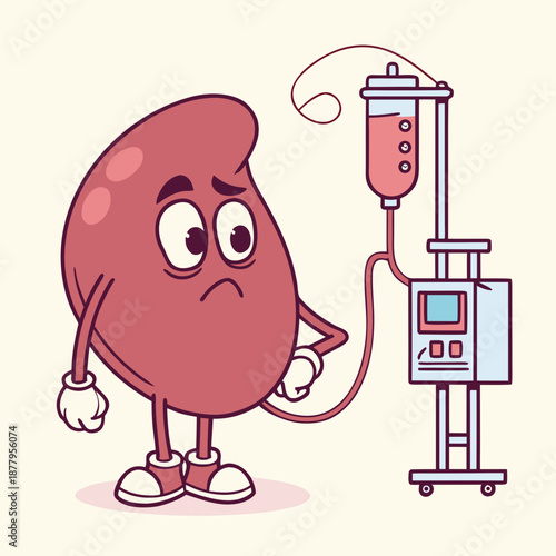 Sad cartoon kidney with dialysis machine, kidney disease medical awareness