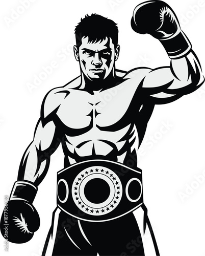 Strong muscular boxer champion with boxing gloves and winning belt raising arm in victory black and white vector illustration champion celebrating success for sports competition branding marketing adv