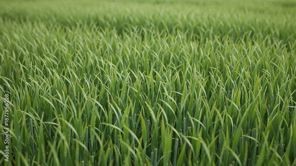 Fototapeta premium A close-up of a lush green field of young wheat with selective focus. Agricultural background representing growth, nature, and the environment