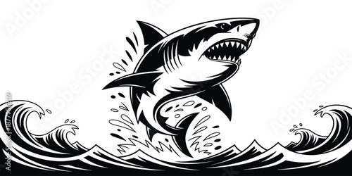 Great White Shark Leaping Out of Ocean Waves Black and White Vector Illustration Aggressive Predator Marine Wildlife Dangerous Sea Animal Graphic Design for T-shirts Logos Posters Adventure Travel Com