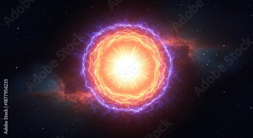 Intense stellar fusion radiates brightly within a swirling cosmic energy field against a deep space backdrop