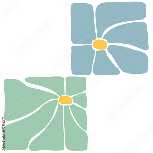 Vintage 70s Floral Elements in Muted Blue and Mint Green Colors, Retro Groovy  Flower Illustration, Hippie Style Blossom, Nostalgic Botanical Design, Mid-Century Modern Graphics.Transparent background