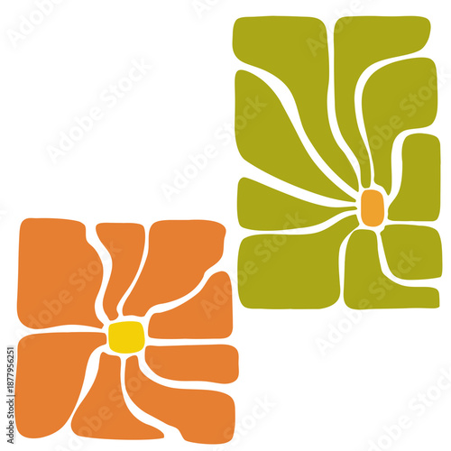Vibrant 1970s Retro Flowers in Burnt Orange and Lime Green, Hand-painted Digital Groovy Floral Illustration, Vintage Hippie Art, Botanical Elements, Mid Century Modern Style. Transparent background 
