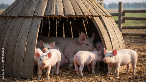 A family of pigs with a mother sow and her piglets in a rustic wooden pigsty. Livestock on a free-range organic farm in the countryside