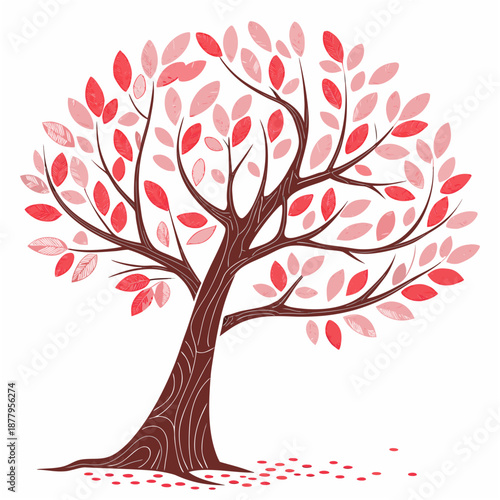 Stylized tree with pink red almond leaves, seasonal change growth illustration