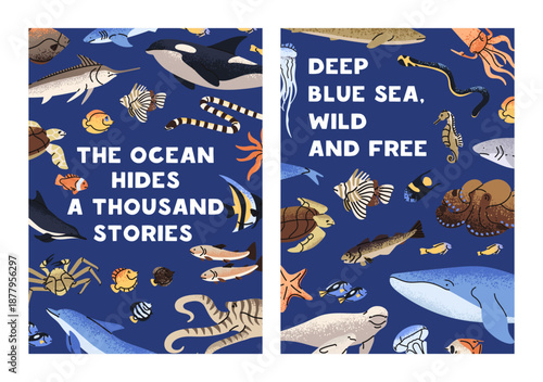 Set of cards with sea life. Designs of postcards with underwater animals and fish. Templates of posters with ocean creatures, whales, sharks and turtles swimming undersea. Flat vector illustrations.