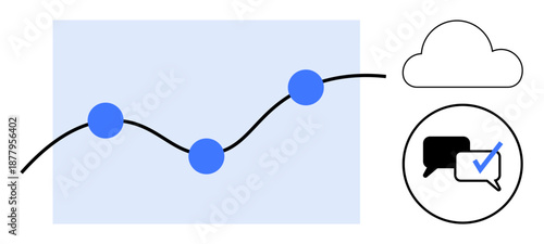 Graph curve with data points, cloud symbol, chat bubbles, checkmark in a circle. Ideal for analytics, communication, cloud services, progress tracking, business growth decision-making simple flat