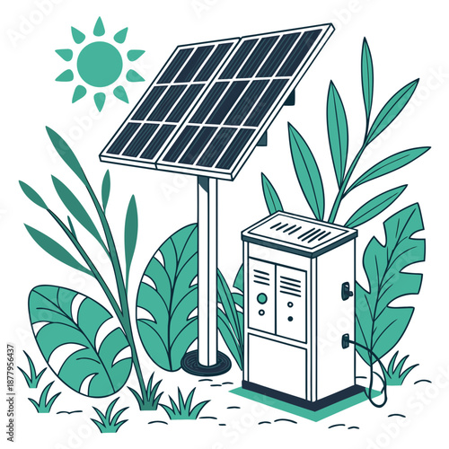 Solar panel and inverter surrounded by green plants and sun