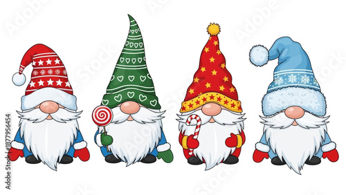 Four Adorable Christmas Gnomes in Festive Attire, Decorated with Whimsical Patterns and Holding Sweet Candies, Perfect for Holiday Celebrations and Winter Decorations
