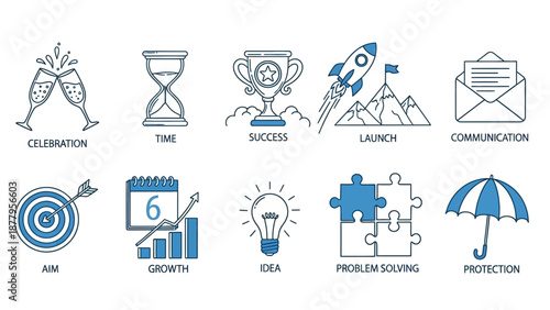 Business concept icons illustrating success, growth, and protection with related elements of planning, problem solving and launch
