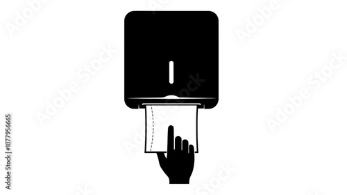 Graphic illustration of a hand pulling a single sheet from a wall-mounted paper towel dispenser, symbolizing essential hygiene practices and cleanliness in modern facilities