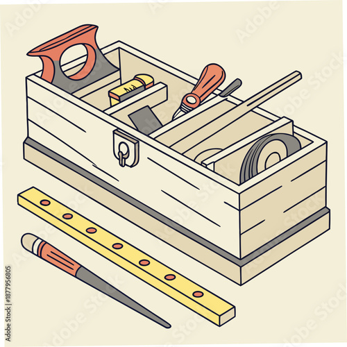 Wooden toolbox with tools and level on beige background