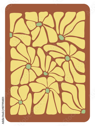 Digital Retro Floral Pattern with 1970s Style Groovy Flowers in Mustard Yellow and Cinnamon Brown, Hand-drawn Botanical Illustration, Vintage Background, Hippie Aesthetic Art, Boho Wall Decor