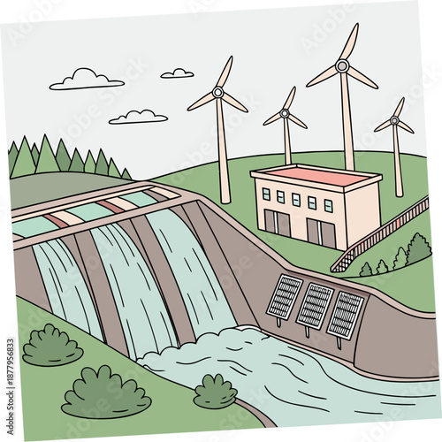 Hydroelectric dam with wind turbines on green hills