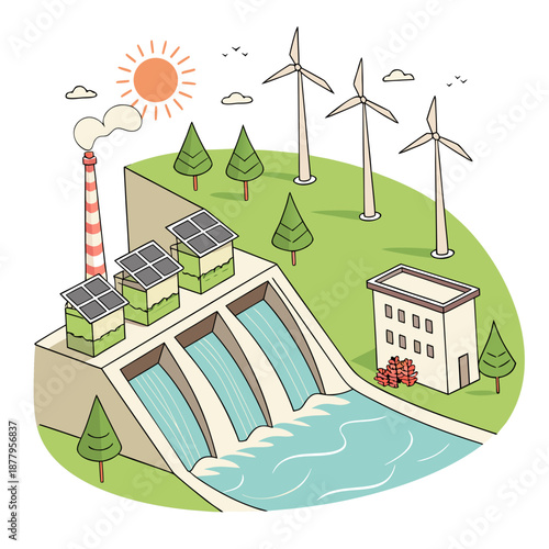 Renewable energy power plant with solar panels wind turbines and hydroelectric dam