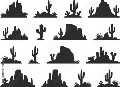 Set of black silhouette desert landscape with cactus plants and rocks formations illustration for nature themed background wild west design travel adventure graphic resource on white background vector