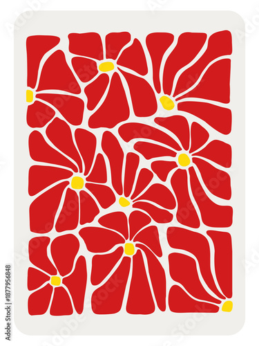 Vintage 70s Style Flower Pattern in Vibrant Red and Crimson Tones, Digital Floral Illustration with Groovy Aesthetic, Retro Botanical Art for Textile Design, Home Interior Decor, Bold Red Bloom 