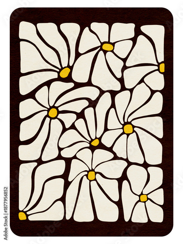 Groovy Floral Illustration in Cream White and Dark Chocolate Brown, 1970s Retro Flower Pattern Created Digitally, Vintage Botanical Background, Hippie Aesthetic Wall Art, High Contrast Garden Ornament