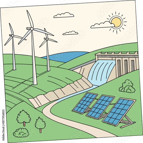 Renewable energy sources with wind turbines solar panels and hydroelectric dam