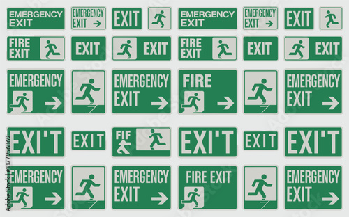 Emergency Exit Signage Collection in Green and White Indicating Safe Escape Routes and Fire Exits for Building Safety and Evacuation Planning in Commercial Industrial and Public Spaces Providing Clear