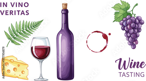 Wine Tasting Illustration Collection with Grape Cluster, Wine Bottle, Glass, Cheese, Leaf, and Vintage Typography Elements for Winery and Beverage Design Projects