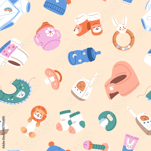 Repeatable pattern of clothes and accessories to care about babies. Endless background of items for newborn kids. Supplies for infants: bottles, pacifiers, diapers. Flat seamless vector illustration.