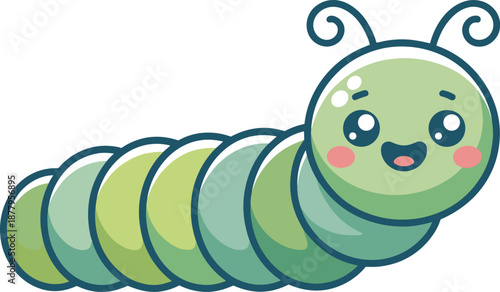Cute cartoon caterpillar smiling character illustration crawling on white background adorable kawaii insect design for children's book animation learning materials nature education playful graphic ele