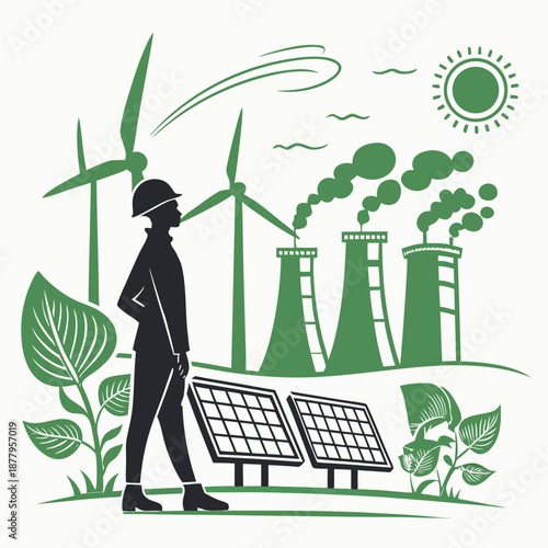 Sustainability concept with human silhouette and renewable energy sources