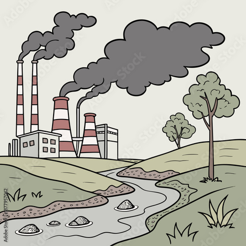 Industrial pollution scene with factory smokestacks and smok