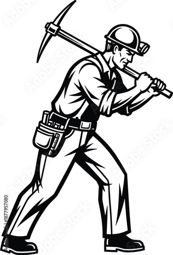 Black and white illustration of a determined coal miner wearing hard hat with lamp, carrying a pickaxe, industrial worker, isolated.