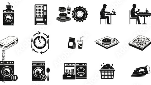 Collection of icons representing food, drink, and household chores
