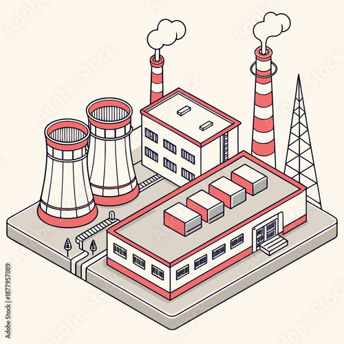 Isometric view of industrial power plant with cooling towers and smokestacks