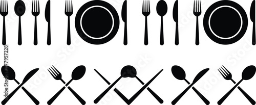 Black & White Table Setting Icon Illustration for Restaurant Menu Design and Catering Services Modern Kitchen Utensil Set Plate Fork Spoon Knife Graphic Resource for Culinary Website Design and Recipe