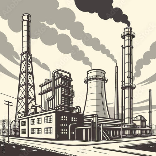 Industrial plant with smokestacks and cooling tower