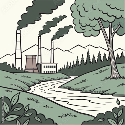 Industrial pollution factory with smokestacks near natural landscape