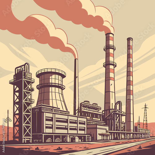 Industrial power plant with smokestacks emitting smoke