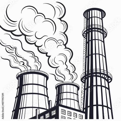 Industrial exhaust towers with smoke emission factory